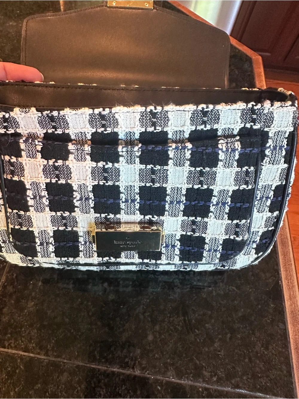 kate spade Black and White Check Tweed Tweed Shoulder Bag with Gold Hardware